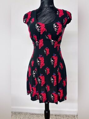 Royal Bones By Tripp NYC - Black Swing Style Mini Dress - Skull Floral Motif - S
